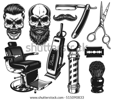 Set of vintage monochrome barber tools and elements. Isolated on white Royalty-Free Stock Photo #515090833