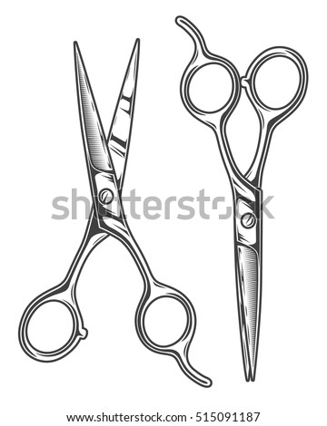 Monochrome illustration of chrome barber scissors. Isolated on white background