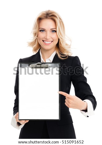 Portrait of young businesswoman showing blank clipboard, with copyspace area for text or advertise slogan, isolated on white background. Caucasian blond model in business success concept.