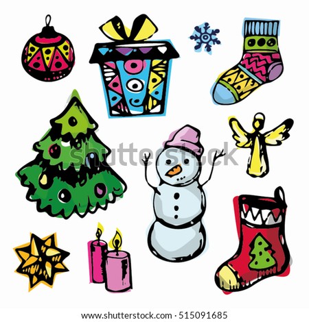  Christmas and New Year objects.Hand-drawn with ink. Vector illustration.