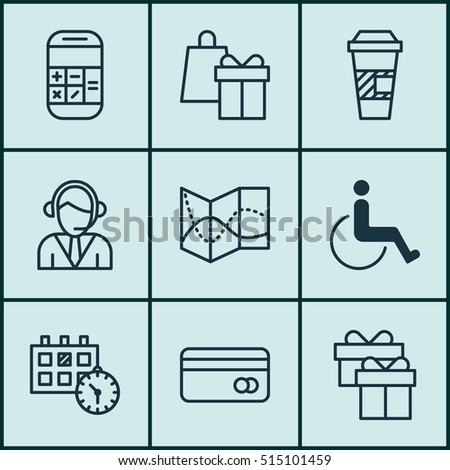 Set Of Traveling Icons On Accessibility, Appointment And Takeaway Coffee Topics. Editable Vector Illustration. Includes Box, Map, Math And More Vector Icons.
