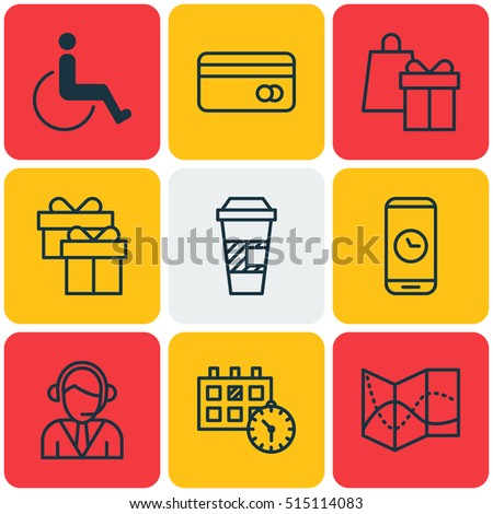 Set Of Airport Icons On Call Duration, Takeaway Coffee And Accessibility Topics. Editable Vector Illustration. Includes Time, Road, Card And More Vector Icons.