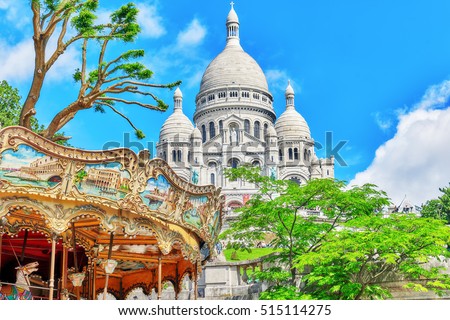 Sacre Coeur Cathedral on Montmartre Hill, Paris. France. Royalty-Free Stock Photo #515114275