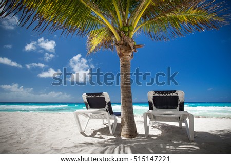 Two beach beds under palm tree on caribbean beachfront
 Royalty-Free Stock Photo #515147221
