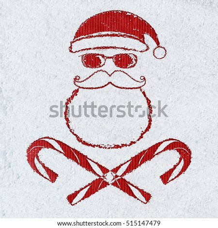Bad Santa Claus symbol handwritten on christmas or new year card made of snow background with red craft paper below.