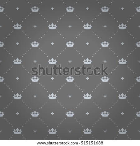 Luxury regal seamless pattern with light crown ornament signs in style of fashion on silver gray shaded background with flower and dot fill out. Design for wallpapers and textile print. Royalty-Free Stock Photo #515151688