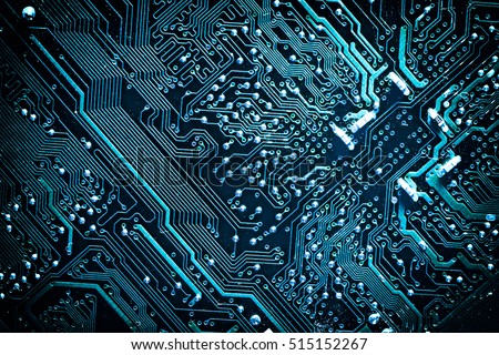 Circuit board. Electronic computer hardware technology. Motherboard digital chip. Tech science background. Integrated communication processor. Information engineering component. Blue color. Royalty-Free Stock Photo #515152267
