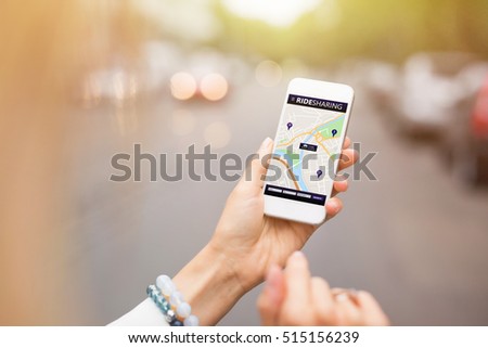 Ride sharing app on mobile phone Royalty-Free Stock Photo #515156239