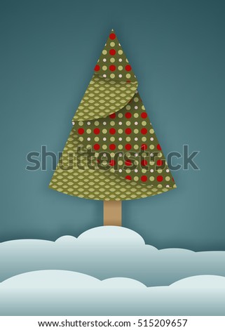 Colorful patterned Origami folded paper Christmas tree, Merry Christmas design for gift card or invitation, illustration