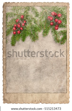 Vintage style christmas card. Frame for photos and pictures. Used paper isolated on white background