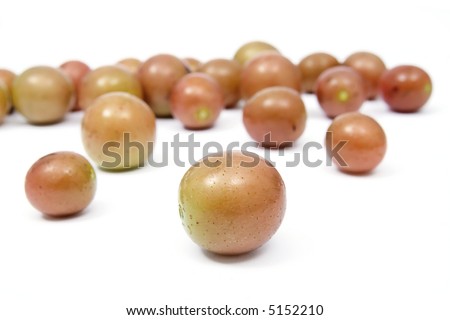 Freshly picked ripe scuppernong grapes on a white background.