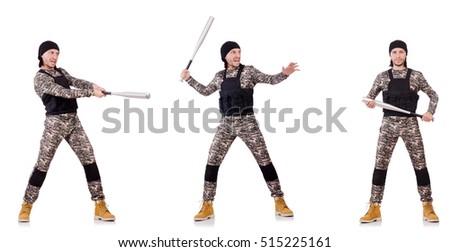 Soldier with bat isolated on the white background