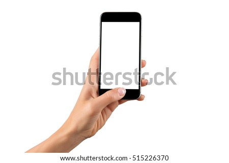 Female hand holding black cellphone with white screen at isolated background. Royalty-Free Stock Photo #515226370