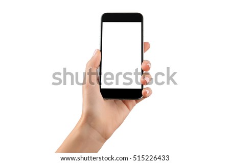 Female hand holding black cellphone with white screen at isolated background. Royalty-Free Stock Photo #515226433
