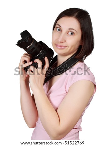 caucasian woman holding a camera, white background