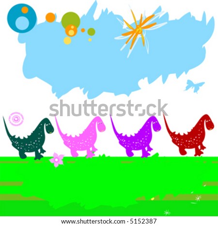 dinosaurs caravan; chain of dinosaurs in a field