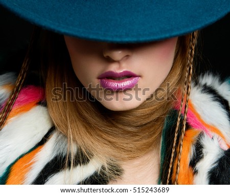 parts of the face. lips girl. face closed Hat