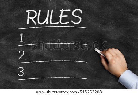 Rules List written on the blackboard with hand holding white chalk Royalty-Free Stock Photo #515253208