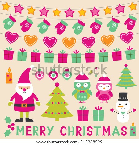 Christmas vector set with Santa Claus, cartoon owls and decoration