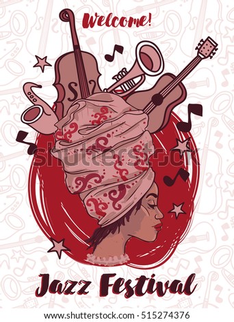 African american woman and musical instruments, jazz festival poster, vector illustration