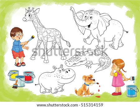 At the zoo. Cute African animals. Cute baby giraffe, elephant, hippo and crocodile. Illustration for children. Coloring book. Coloring page. Funny cartoon animals isolated on white.