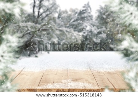 wooden desk and snow decoration of free space 