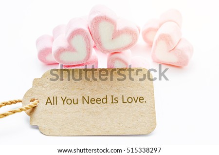 All you need is love wording paper tag with Marshmallow heart shape on white background.