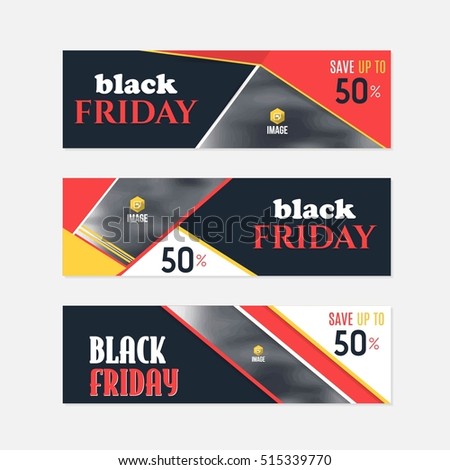 Black Friday Sale Website Banner, Horizontal Background, Flat Web Layout Ad Vector Cover Illustration. Image Add Business Advertisement Banners Design Collection with Creative Geometric Elements Set