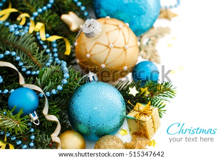Turquoise and golden Christmas ornaments border on white background