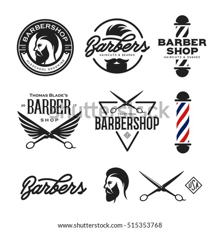 Barber shop badges set. Barbers hand lettering. Design elements collection for logo, labels, emblems. Vector vintage illustration. Royalty-Free Stock Photo #515353768