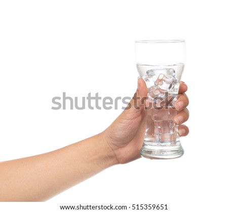hand holding a Glass of pure water with ice cubes isolated on white background