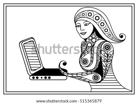 Woman with laptop. Coloring book page. Suitable for invitation, flyer, sticker, poster, banner, card,label, cover, web. Vector illustration.