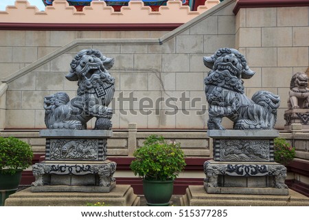 stone lion sculpture on the spectacular temple in thailand.