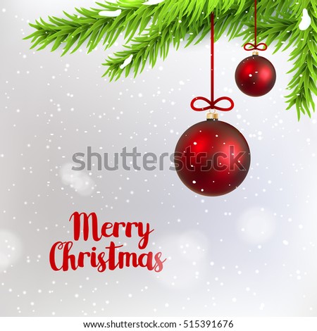 Merry Christmas branch fir with hanging christmas ball. Holiday winter background with spruce. Seasonal decoration design.