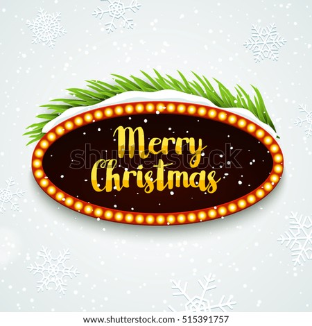 Christmas Party retro sign poster design template with snow and tree branch. Xmas frame greeting decoration