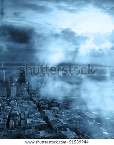 urban landscape with white clouds in front Royalty-Free Stock Photo #51539944