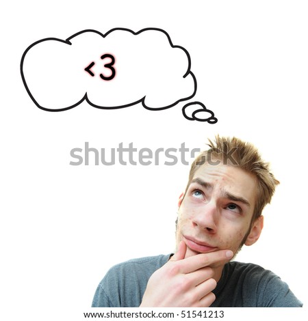 A young white male adult thinks about love. The less than three symbol is a popular symbol that represents a heart in text. Isolated on white background.
