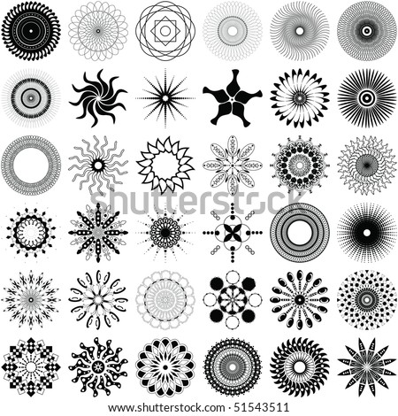 A set of 36 unique, intricate spiral design elements in vector format.