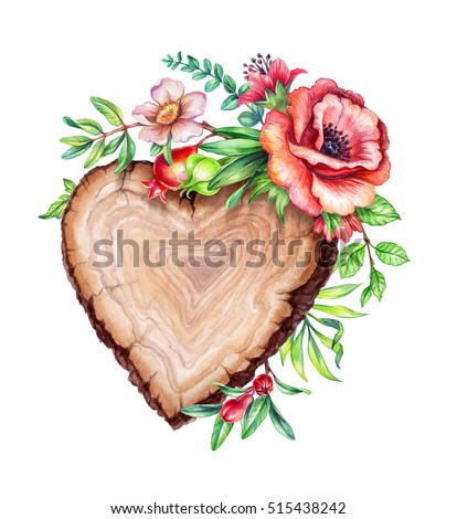 watercolor illustration, flower bouquet, floral background, wooden texture, rustic banner, heart shape wood slice, flowers, leaves, wild garden nature, isolated on white background
