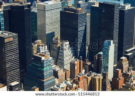 New York City Manhattan skyline aerial view with skyscrapers and street.