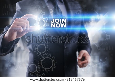 Businessman selecting join now on virtual screen.