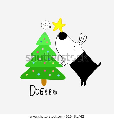 Dog and Bird with Christmas Tree, vector illustration