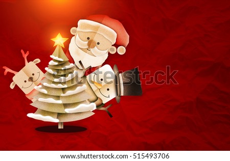 Greeting card, Christmas card with Santa Claus ,deer and snowman papercut shape on old red background with light flare effect