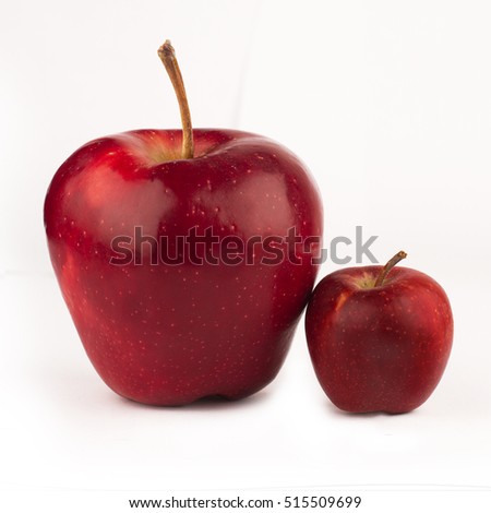 front view of large red apple next to a small one isolated on white background Royalty-Free Stock Photo #515509699