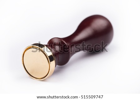 front view of personal stamp tool with wooden handle and metallic empty head isolated on white Royalty-Free Stock Photo #515509747