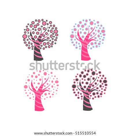 Tree with round leaves, abstract image of pink Bush. The logo of the forest reserve, set of vector illustrations