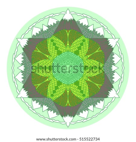 Hand drawn mandala doodle pattern in cartoon style. Fantastic panorama of mountains with snow on tops, clouds, trees, lake.