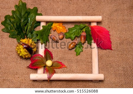 Illustration of a wooden frame with plants on a background of burlap.