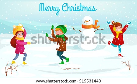 Winter kids Vector illustration. Boy and girl playing in snowballs. Funny cartoon character. christmas cards