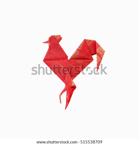 origami red rooster on white background